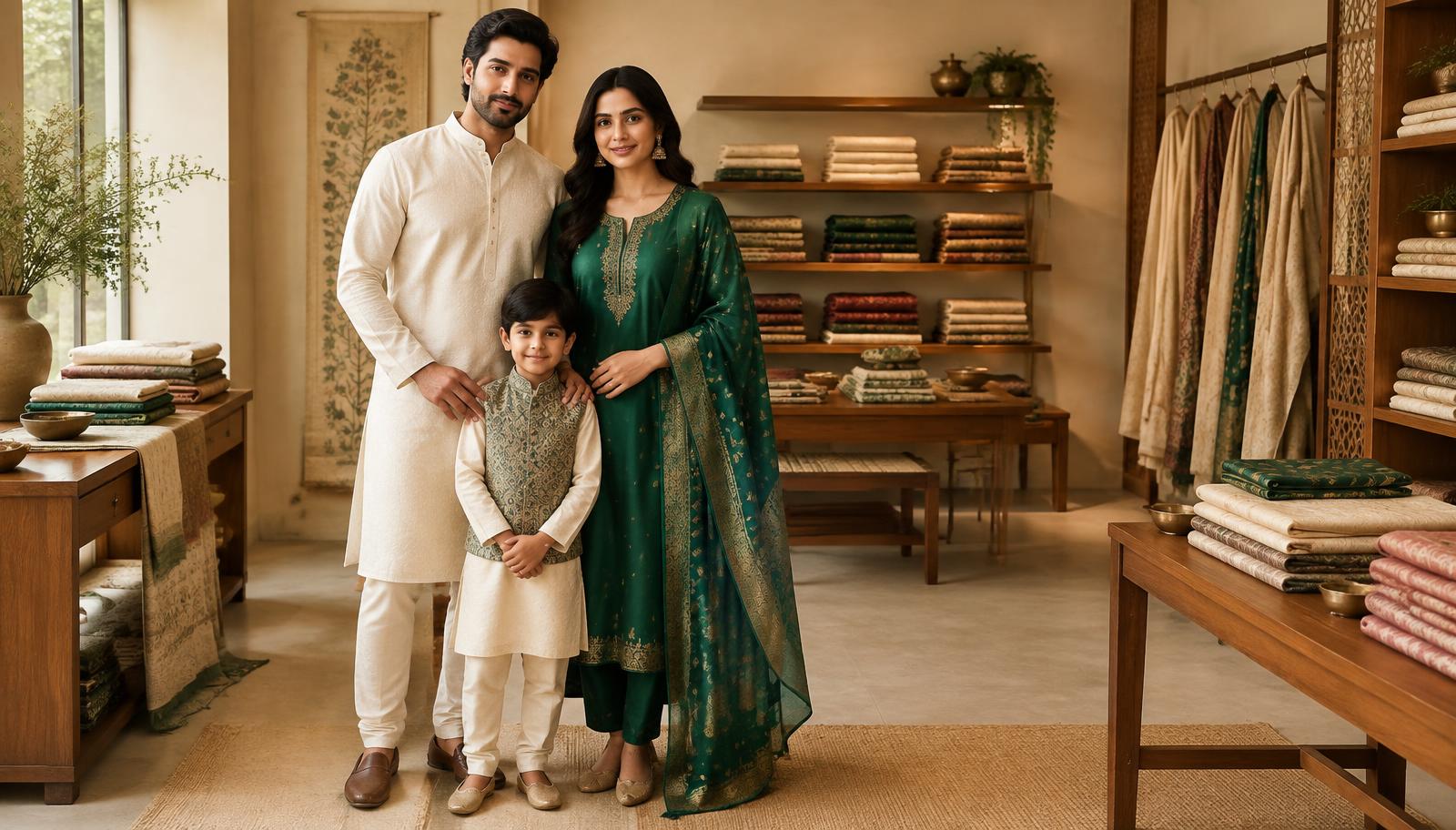 Family in elegant Indian clothing at HANUMAN FABRICS