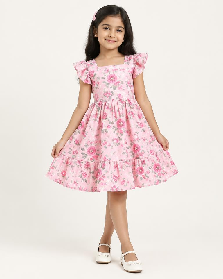 Girls' Pink Floral Dress - HANUMAN FABRICS